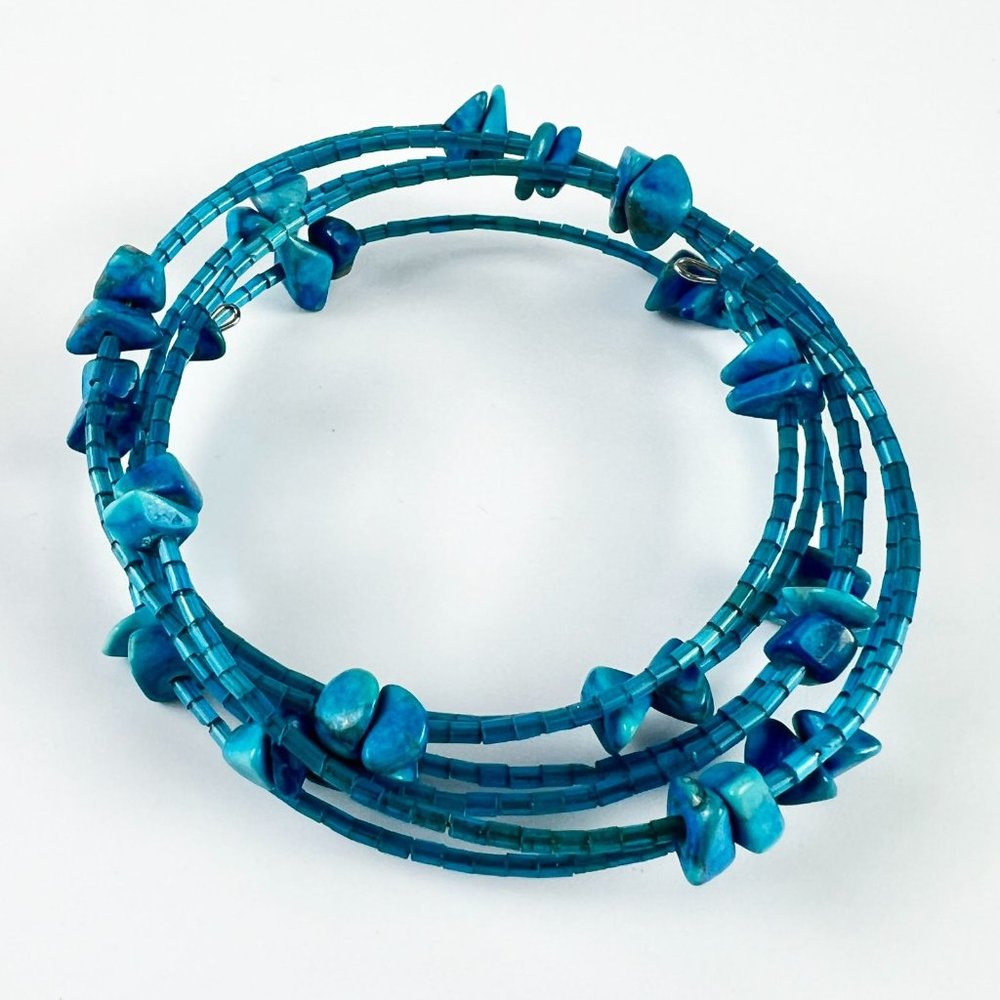 Beaded Blue Turquoise Chip Memory Wire Wrap Bangle Bracelet